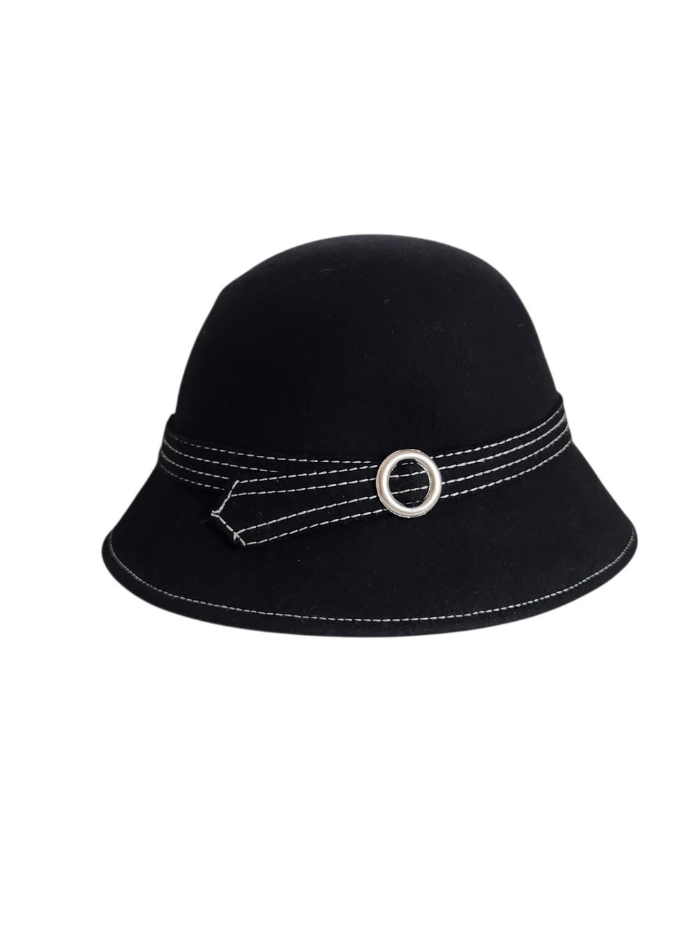 Womens Black Wool Cloche Hat with White Trim and Silver Tone Buckle One Size